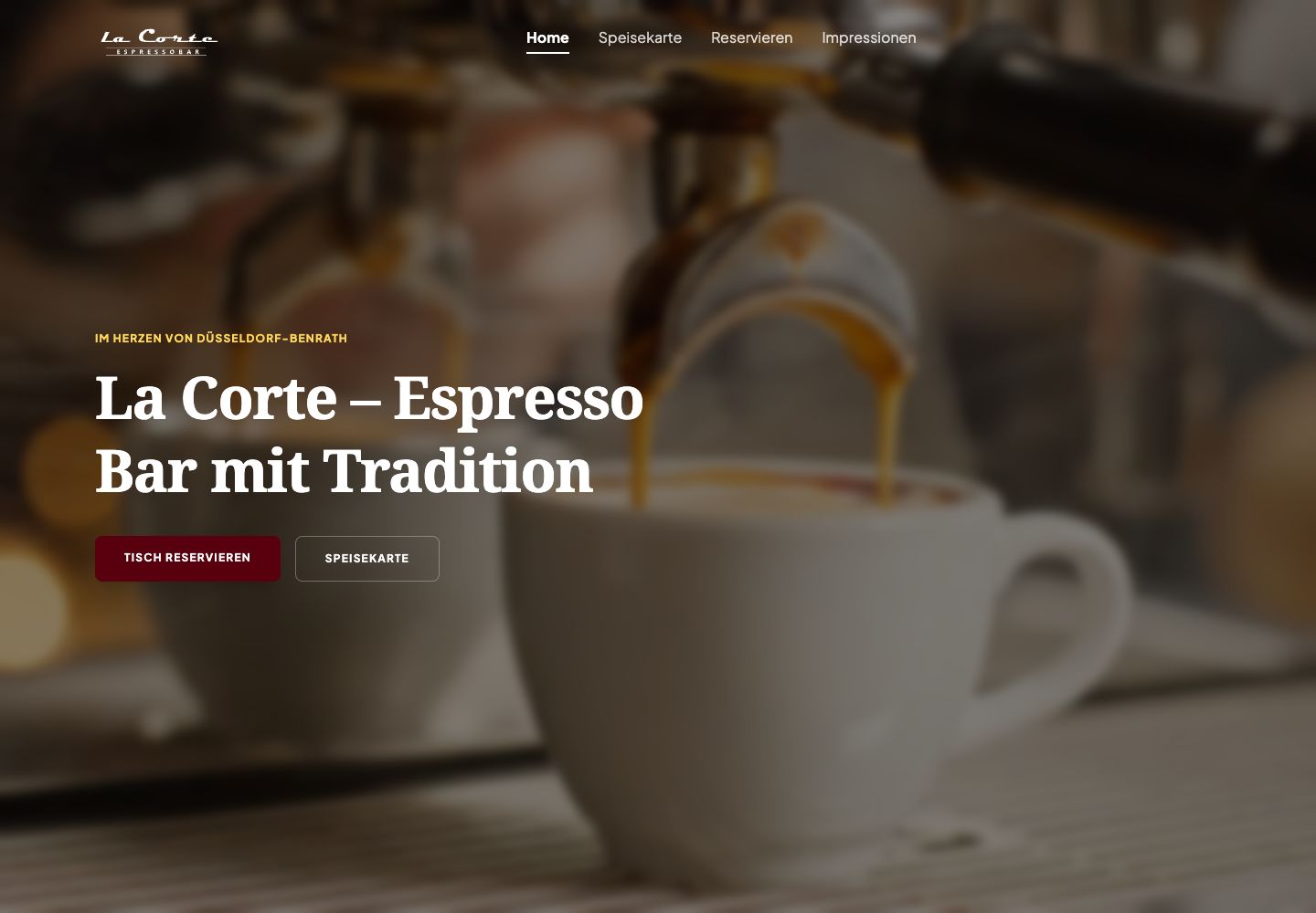 Homepage of la-corte.de with an espresso photo and a reservation button