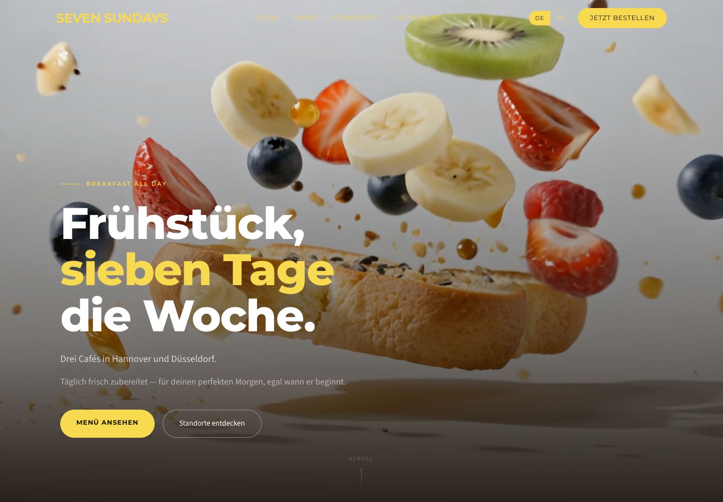 Homepage of Seven Sundays with a breakfast dish